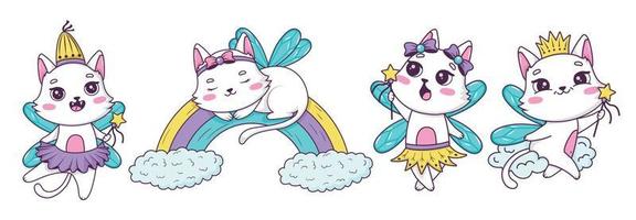 Bundle of drawn cute cartoon cats fairy with a magic wand in different poses in doodle style vector