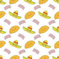 Seamless pattern with Mexican patty Empanadas with funny faces in doodle cartoon style isolated on white background vector