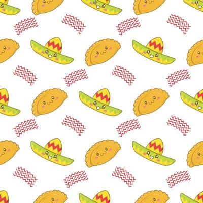 Seamless pattern with Mexican patty Empanadas with funny faces in doodle cartoon style isolated on white background