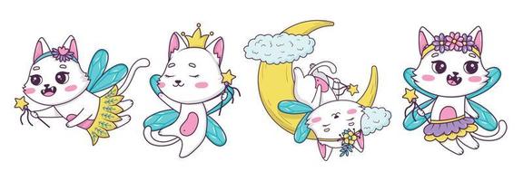 Bundle of drawn cute cartoon cats fairy with a magic wand in different poses in doodle style vector