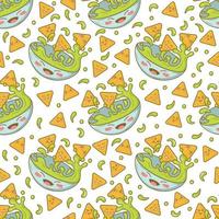 Seamless pattern with mexican nachos and guacamole with funny faces in doodle cartoon style isolated on white background vector