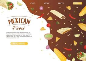 Website landing page template with mexican dish burrito and tamale on a wooden tray. Fast food restaurant and street food snacks, meat tortillas, takeaway food delivery vector