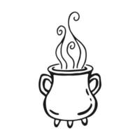 Boiling witch cauldron. Hand drawn vector illustration isolated on white background.