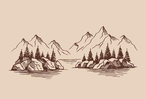 Mountain with pine trees and lake landscape. Hand drawn illustration converted to vector.