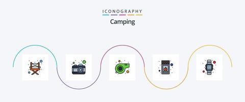 paquete de iconos planos llenos de línea de camping 5 que incluye. reloj. silbar. hora. palo vector