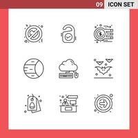 Group of 9 Modern Outlines Set for computing space analysis science money Editable Vector Design Elements