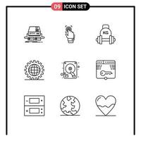 Set of 9 Commercial Outlines pack for design weight scan kettlebell dumbbell Editable Vector Design Elements