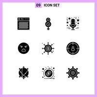 Modern Set of 9 Solid Glyphs and symbols such as black faint sound emotion music Editable Vector Design Elements