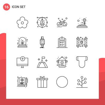 paquete de 16 signos y símbolos de contornos modernos para medios de impresión web, como el panel de control de joystick, el control de lápiz, elementos de diseño de vectores editables deportivos