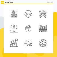 Group of 9 Modern Outlines Set for internet halloween spring fish video game Editable Vector Design Elements