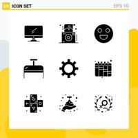 Modern Set of 9 Solid Glyphs and symbols such as setting cog polaroid travel bag Editable Vector Design Elements