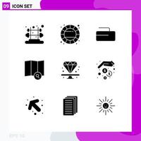 Set of 9 Commercial Solid Glyphs pack for finance jewel sport diamond search Editable Vector Design Elements