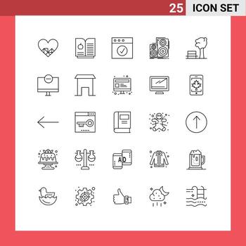 grupo de 25 líneas modernas establecidas para elementos de diseño vectorial editables de altavoz de banco de mac de naturaleza de árbol vector