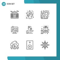 Pack of 9 Modern Outlines Signs and Symbols for Web Print Media such as currency dollar map hand monitore Editable Vector Design Elements