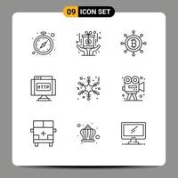 9 Thematic Vector Outlines and Editable Symbols of video snow bitcoin flake internet Editable Vector Design Elements