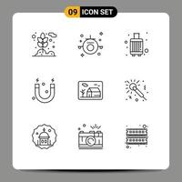 Pictogram Set of 9 Simple Outlines of house science baggage magnet travel Editable Vector Design Elements