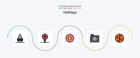 Holidays Line Filled Flat 5 Icon Pack Including festival. basketball. flower. picture. holiday vector