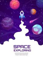 Landing page space, cartoon space rocket launch vector