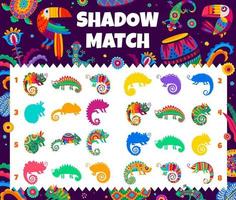 Shadow match game with cartoon mexican chameleon vector