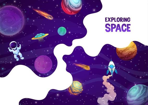 Landing page space, cartoon rocket, astronaut