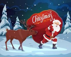 Santa Claus, Christmas reindeer and gift bag vector