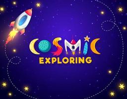 Cartoon space landscape background with rocket vector