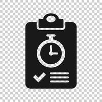 Document witch clock icon in flat style. Checklist survey vector illustration on white isolated background. Fast service business concept.