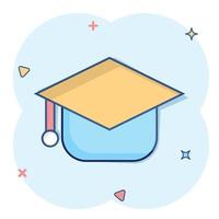 Graduation hat icon in comic style. Student cap cartoon vector illustration on white isolated background. University splash effect business concept.