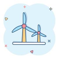 Wind power plant icon in comic style. Turbine cartoon vector illustration on white isolated background. Air energy splash effect sign business concept.
