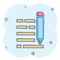 Pencil notepad icon in comic style. Document write vector cartoon illustration on white isolated background. Pen drawing business concept splash effect.