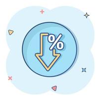 Decline arrow icon in comic style. Decrease cartoon vector illustration on white isolated background. Revenue model splash effect business concept.