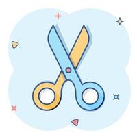 Scissor icon in comic style. Cut equipment cartoon vector illustration on white isolated background. Cutter splash effect business concept.