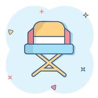 Director chair icon in comic style. Producer seat cartoon vector illustration on white isolated background. Movie splash effect business concept.