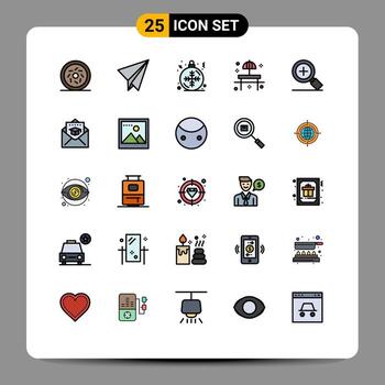 conjunto de color plano de línea llena de interfaz móvil de 25 pictogramas de lupa de búsqueda mesa de copo de nieve restaurante elementos de diseño vectorial editables vector