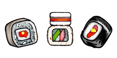 rollos, gunkan, temaki e inari. gran conjunto de varios tipos diferentes de sushi aislado sobre fondo blanco. vector