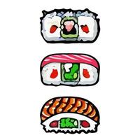 Sushi set. Rolls, gunkan, temaki and ikura. Great set of various different types of sushi vector