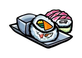 Vector Cartoon sushi set asian food with fish, rice, seaweed, caviar.