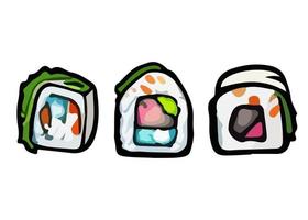 juego de sushi rollos, gunkan, temaki e ikura. gran conjunto de varios tipos diferentes de sushi vector