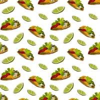 Pattern with Mexican traditional dishes. Taco, burrito, lime. Seamless pattern in cartoon style. vector