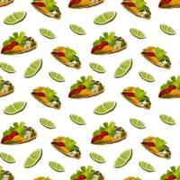 Pattern with Mexican traditional dishes. Taco, burrito, lime. Seamless pattern in cartoon style. vector