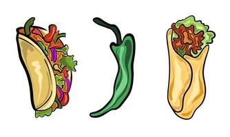 Vector Mexican traditional food burrito chili and tacos drawn in flat cartoon style.