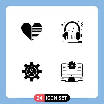 conjunto de glifos sólidos de interfaz móvil de 4 pictogramas de líneas de micrófono cardíaco controles de altavoz elementos de diseño vectorial editables vector