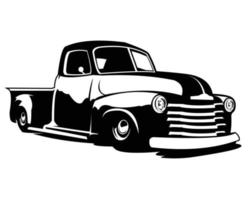 american old truck simple logo silhouette isolated white background showing from side. best for the trucking industry. illustration vector available eps 10.