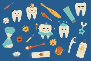 Hand drawn tooth care elements. Cute kawaii teeth characters with toothbrush and toothpaste. Doodle vector illustration