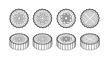 Set of different Chinese mooncakes in black color. Traditional Asian food vector illustration