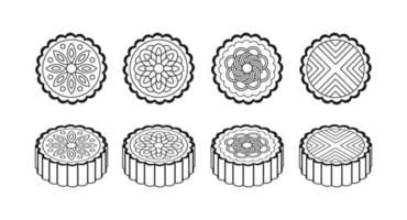 Set of different Chinese mooncakes in black color. Traditional Asian food vector illustration