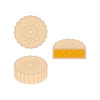 Set of whole and a half cut slice of baked Chinese mooncake. Asian dessert vector illustration