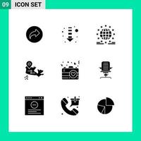 Modern Set of 9 Solid Glyphs and symbols such as love camera global location canada Editable Vector Design Elements