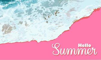 Summer sale banner background mockup. illustration template. Horizontal banner. Hello summer. Pink sand. Beach top view. Sea waves and foam.. vector