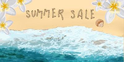 WHello summer. Realistic ocean waves and beach. Horizontal banner for advertising and summer discounts. vector